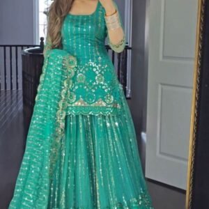 Wedding Wear Aqua Green Georgette With Design Suit Set