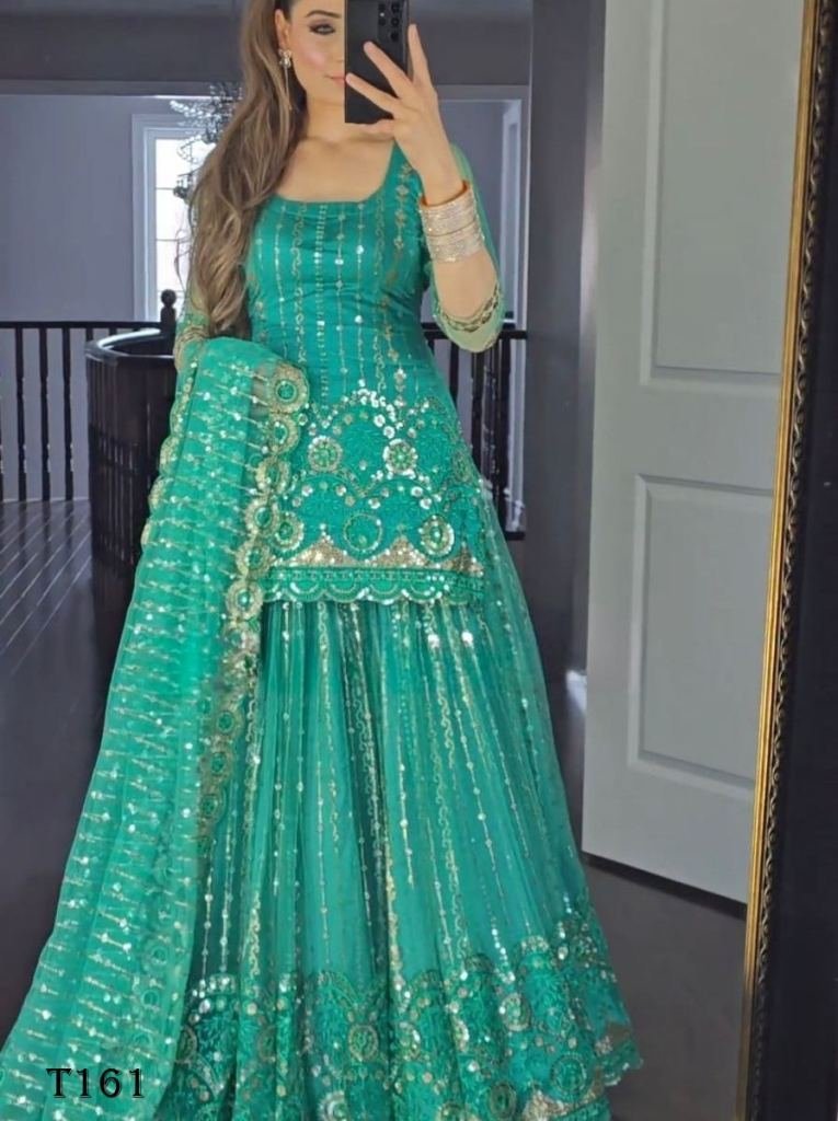 wedding wear aqua green george 1719923284 Wedding Wear Aqua Green Georgette With Design Suit Set