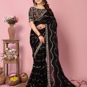 Wedding Wear Black Rangoli Silk Saree With Canvas Patta