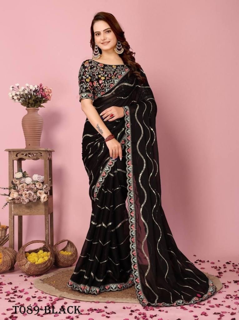 wedding wear black rangoli sil 1718692312 Wedding Wear Black Rangoli Silk Saree With Canvas Patta
