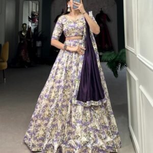 Wedding Wear Blue Tussar Silk Floral Print Lehenga Choli