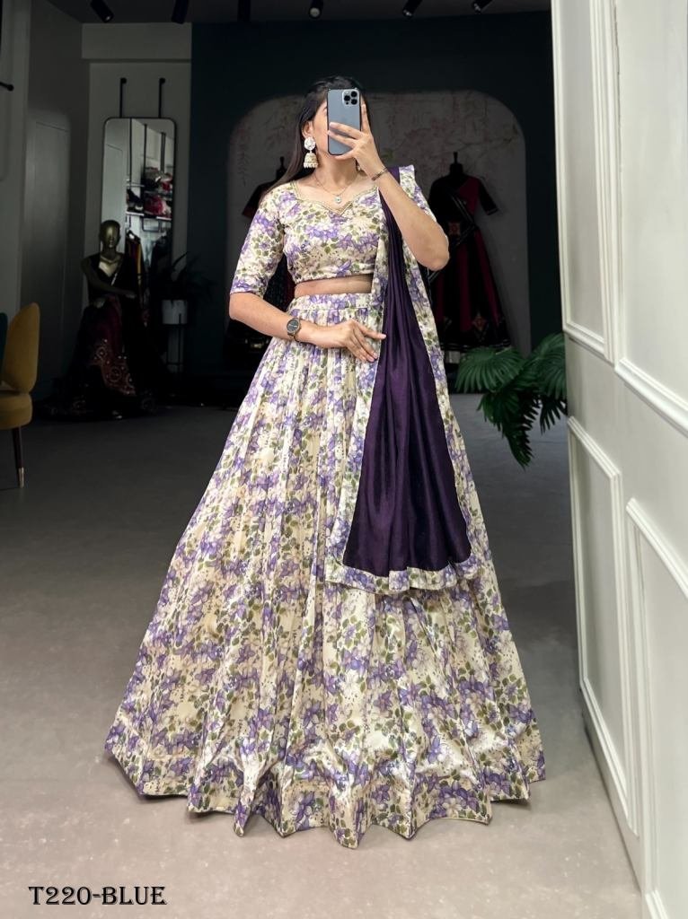 wedding wear blue tussar silk 1723706596 Wedding Wear Blue Tussar Silk Floral Print Lehenga Choli
