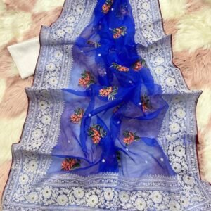 Wedding Wear Dark Blue Organza Silk Saree With Chikankari Work