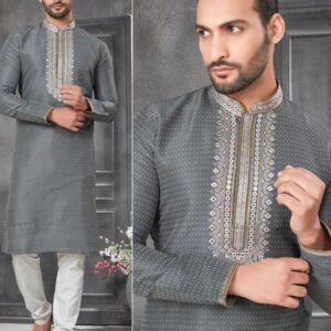 Wedding Wear Grey Cotton Kurta Pajama Set For Mens Wear