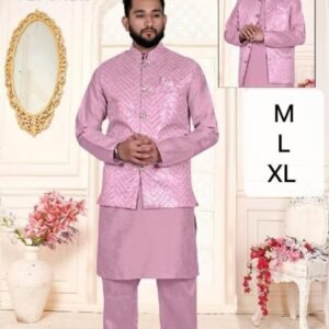 Wedding Wear Mens Collection Pink Pure Silk Kurta Pajama With Koti Set