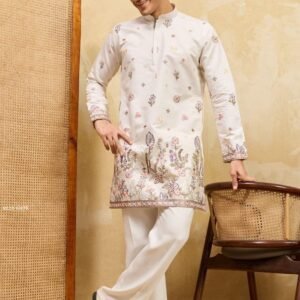 Wedding Wear Mens White Kurta With Multi Thread Work