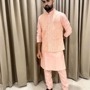 Wedding Wear Orange Kurta Pyjama With Jacket For Men