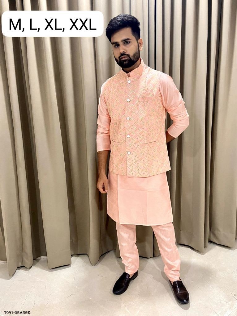 wedding wear orange kurta pyja 1718697236 Wedding Wear Orange Kurta Pyjama With Jacket For Men
