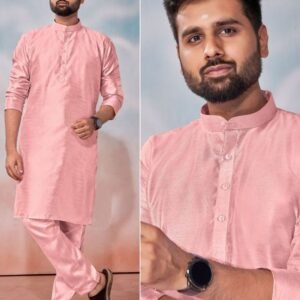 Wedding Wear Pastel Pink Banglori Polo Silk Kurta Pant Set For Mens