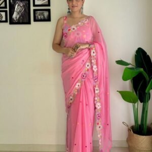 Wedding Wear Pink Georgette With Embroidery Work Saree