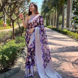 Wedding Wear Purple Georgette Silk Saree With Flower Print