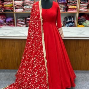 Wedding Wear Red Gown With Beautiful Embroidery Work Dupatta