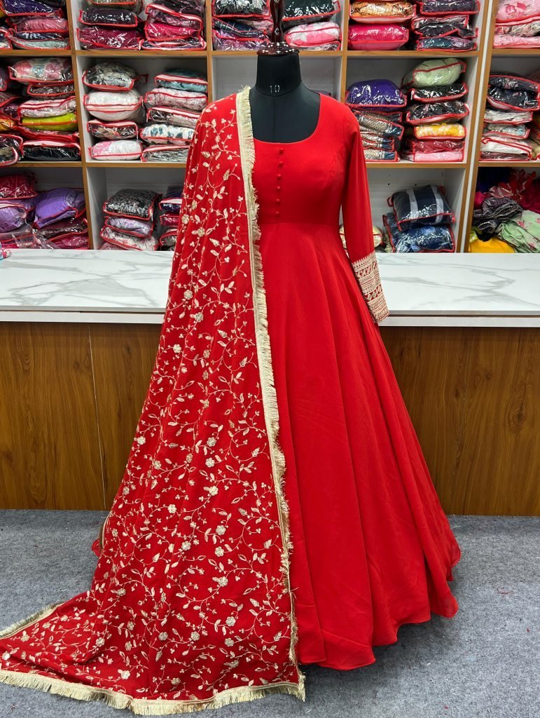 wedding wear red gown with bea 1743246801 Wedding Wear Red Gown With Beautiful Embroidery Work Dupatta