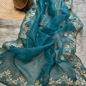 Wedding Wear Sky Blue Organza Zari Work Saree