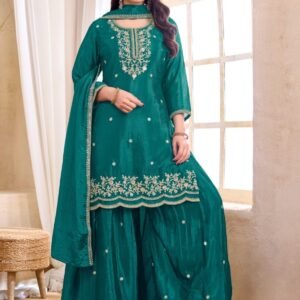 Wedding Wear Teal Premium Chinon Palazzo Suit Set