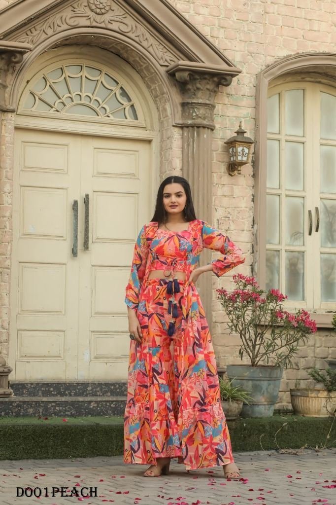 western style printed georgett 1719398485 Western Style Printed Georgette Palazzo Shrug With Blouse Indowestern