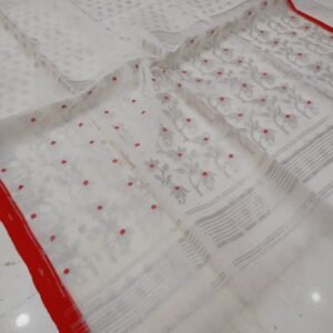 White And Red Border Soft Pure Maslin Dhakai Jamdani Saree