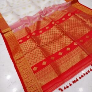 White And Red Wedding Pure Muslin Banarasi Saree