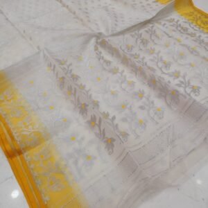 White And Yellow Border Soft Pure Maslin Dhakai Jamdani Saree