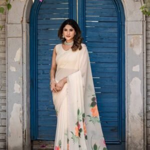 White Blossom Grace Floral Printed Designer Saree