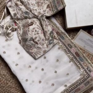 White Bollywood Style Thread And Sequence Work Organza Silk Saree