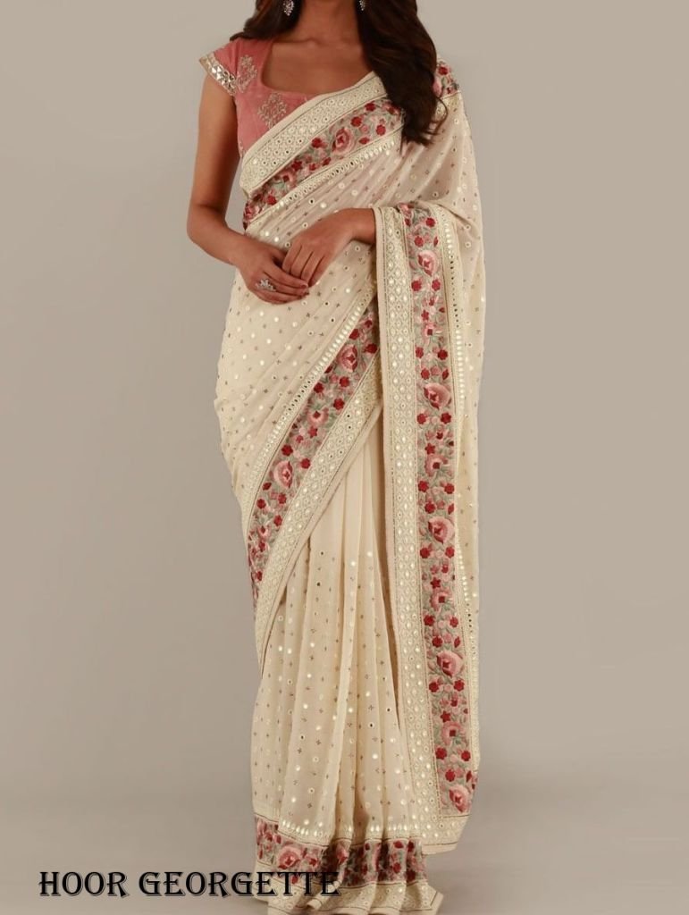 white classic contrast border 1716464847 White Classic Contrast Border Hoor Georgette Saree