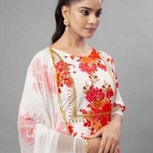 White Color Floral Printed Fancy Kurti Pant With Dupatta