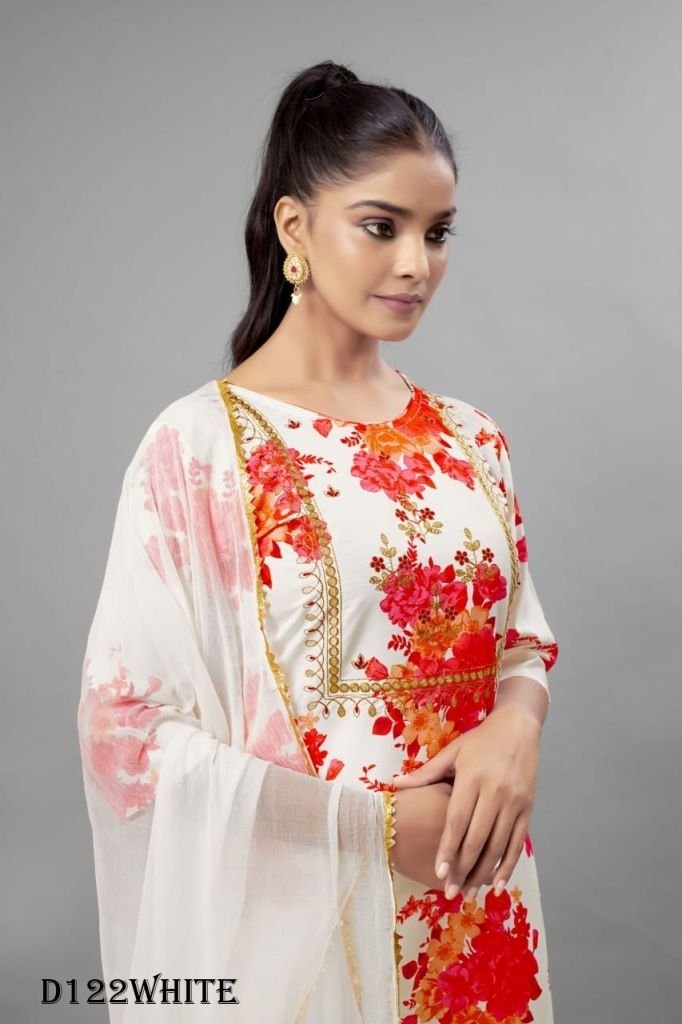 white color floral printed fan 1718888022 White Color Floral Printed Fancy Kurti Pant With Dupatta