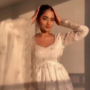 White Color Georgette Embroidery Work Gowns