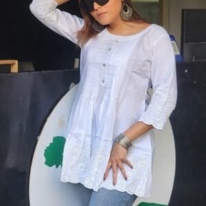 White Colour Thread Work Short Top