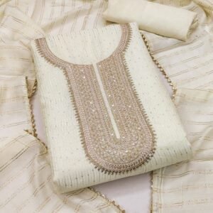 White Designer Chanderi Unstitched Suits With Crosset Work