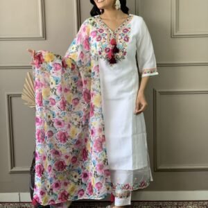 Designer White Kurti Pant Dupatta Set With Attractive Neck Work