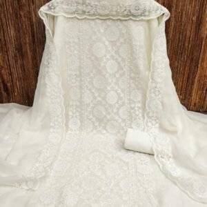 White Embroidery Work Georgette Three Piece Unstitch Material