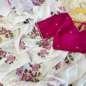 White Fancy Handwork Soft Dhahi Silk Organza Saree With Readymade Blouse