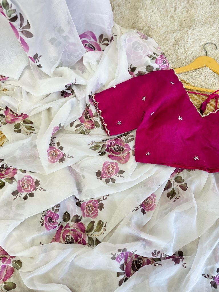 white fancy handwork soft dhah 1715682384 White Fancy Handwork Soft Dhahi Silk Organza Saree With Readymade Blouse