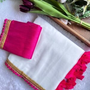 White Festival Special Plain And Border Lace Work Georgette Saree With Latkan