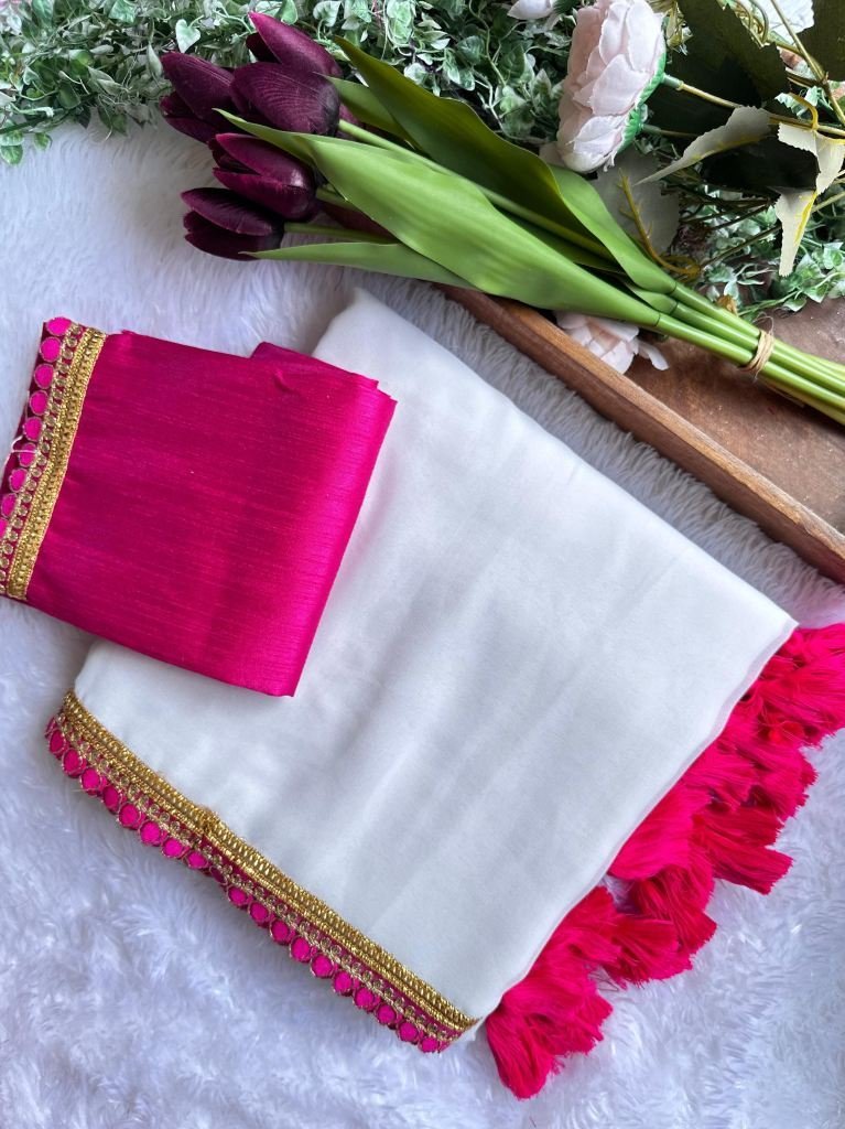 white festival special plain a 1727861157 White Festival Special Plain And Border Lace Work Georgette Saree With Latkan
