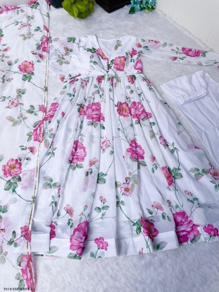 white floral party wear george 1717760818 White Floral Party Wear Georgette Gown With Pant
