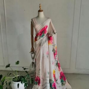 White Party Wear Printed And Handwork Soft Organza Saree