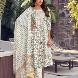 White Pure Cotton Kurti Pant Set With Dupatta For Women