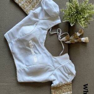 White Readymade Vichitra Silk Blouse With Puff And Gota Less