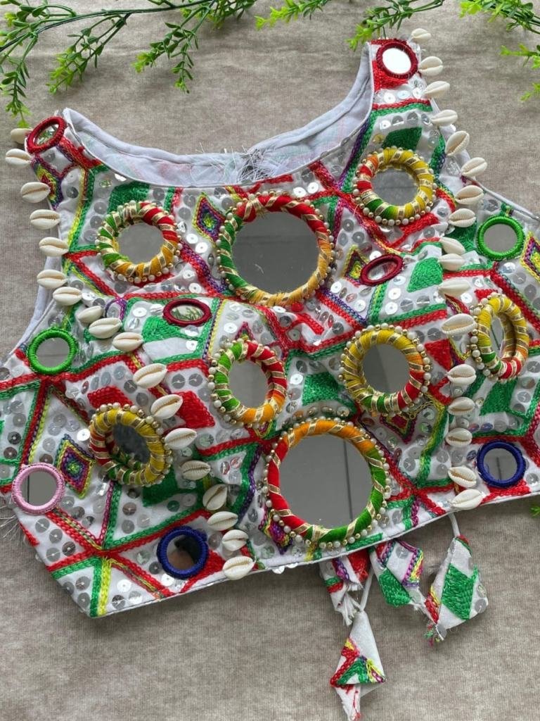 white real mirror with multi t 1748592621 White Real Mirror With MultiThread Work Blouse For Navratri Garba Vibes