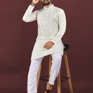 White Sequence Embroidery Work Mens Kurta Pajama