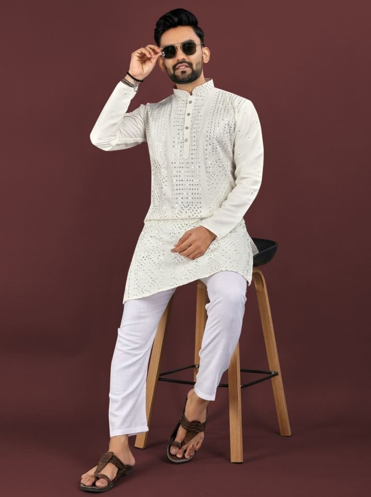 white sequence embroidery work 1748690031 White Sequence Embroidery Work Mens Kurta Pajama