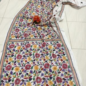 White Soft Bangalori Handcraft Kanthastich Saree