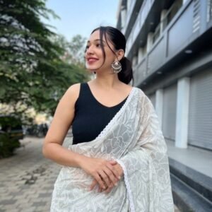 White Wedding Soft Chiffon Silk Lucknowi Saree