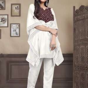 White Western Style Rayon Printed Kaftan