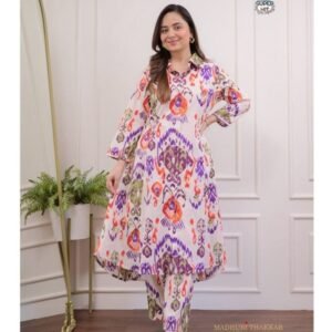 White With Purple Lilan Cotton Co ord Set