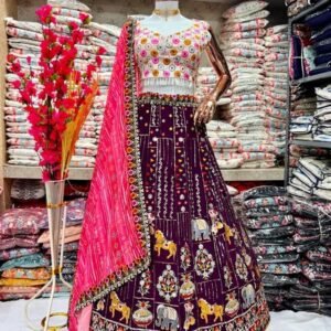 Wine Animal Work Designer Georgette Silk Lehenga Choli With Full Can Can