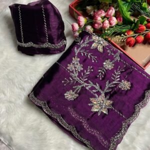 Wine Attractive Multi Work And Khatli Cut Work Zimmy Choo Sare